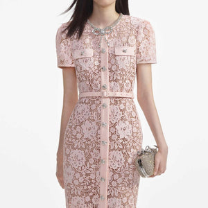 SELF PORTRAIT SS24 Pink Lace Diamante Bow Midi Dress