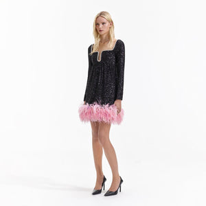 SELF PORTRAIT BLACK FRIDAY SALE Black Sequin Feather Hem Mini Dress