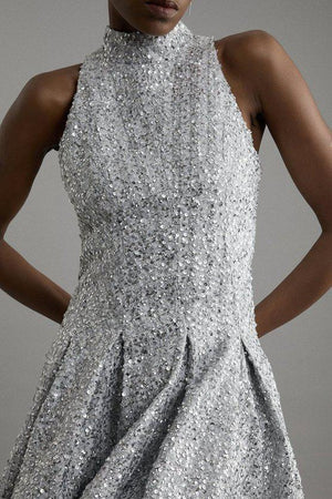 Karen Millen UK SALE Tall Sequin Metallic Boucle Halter Full Skirt Tailored Mini Dress