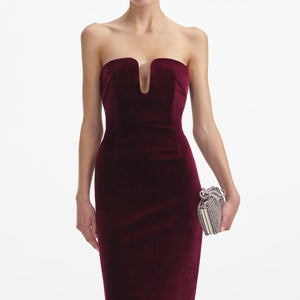 SELF PORTRAIT SS24 Burgundy Velvet Midi Dress