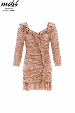 Needle & Thread CHRISTMAS SALE Sunbeam Rouched Long Sleeve Micro Mini Dress - beige