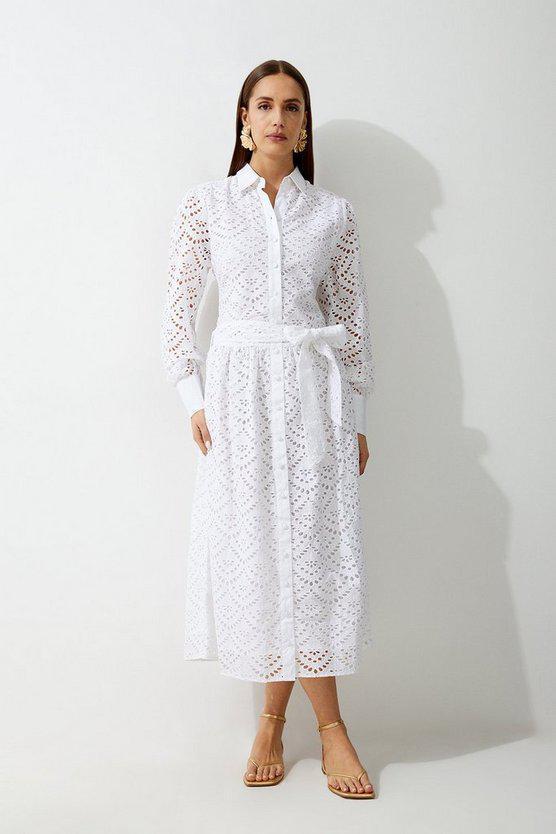 Karen Millen UK SALE Cotton Broderie Long Sleeve Woven Maxi Dress