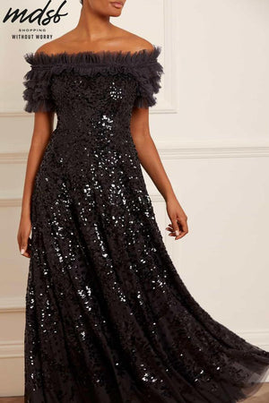 Needle & Thread CHRISTMAS SALE Sequin Wreath Off-Shoulder Gown - black