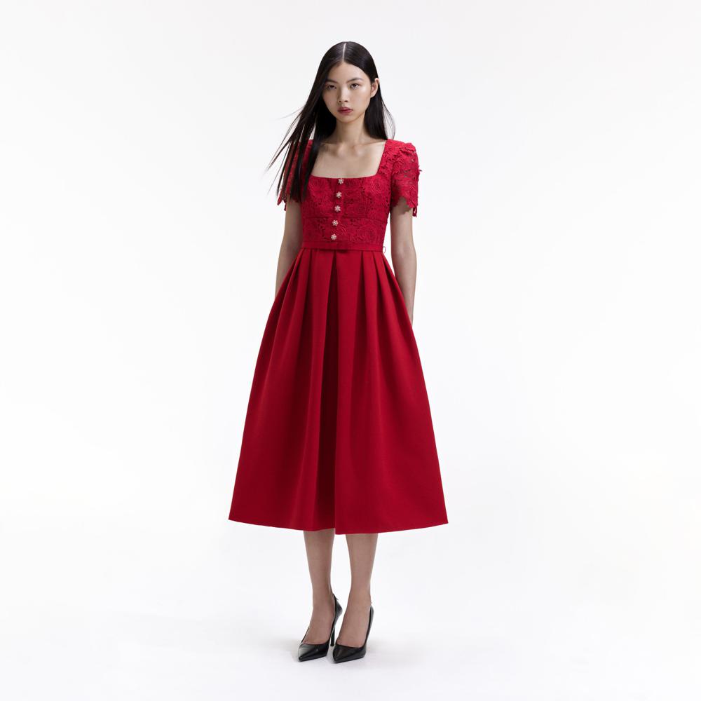 SELF PORTRAIT BLACK FRIDAY SALE Red Lace Crepe Midi Dress