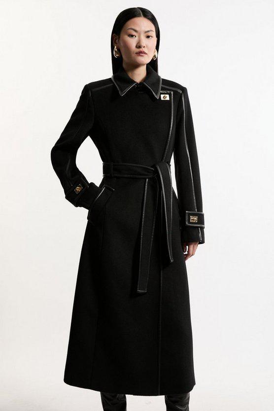 Karen Millen UK SALE Brushed Wool Pu Trim Belted Tailored Double Breasted Midi Coat - black
