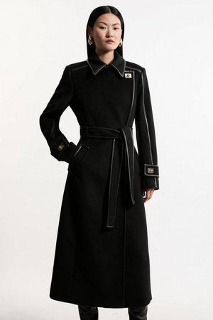 Karen Millen UK SALE Brushed Wool Pu Trim Belted Tailored Double Breasted Midi Coat - black
