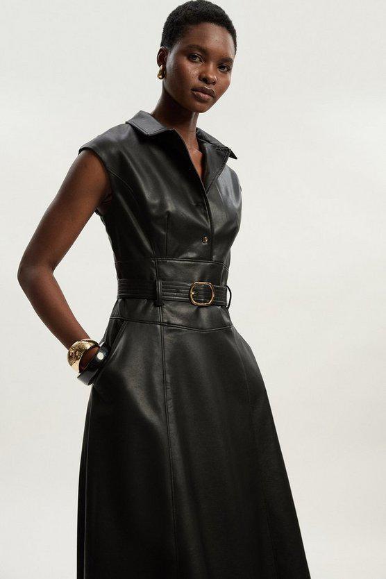 Karen Millen UK SALE Faux Leather Belted Midi Dress - black