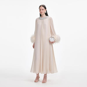 SP VIP PRICE Cream Chiffon Feather Midi Dress