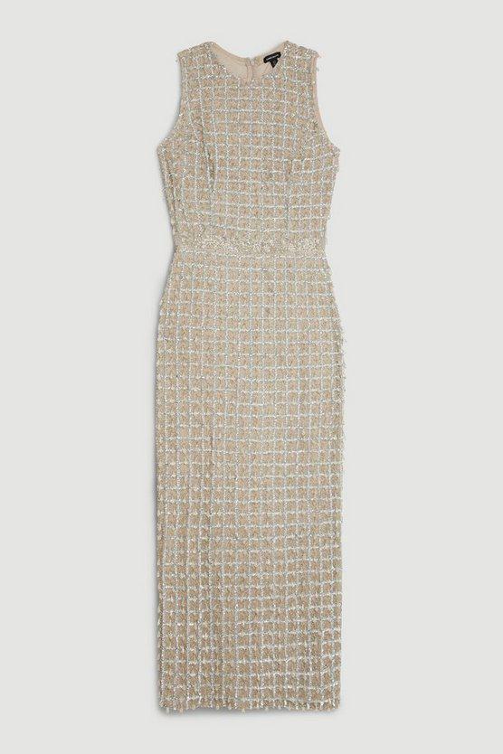 Karen Millen UK SALE Petite Embellished Woven Midi Dress - silver