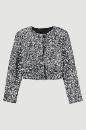 Karen Millen UK SALE Tailored Sequin Cropped Blazer - gun metal