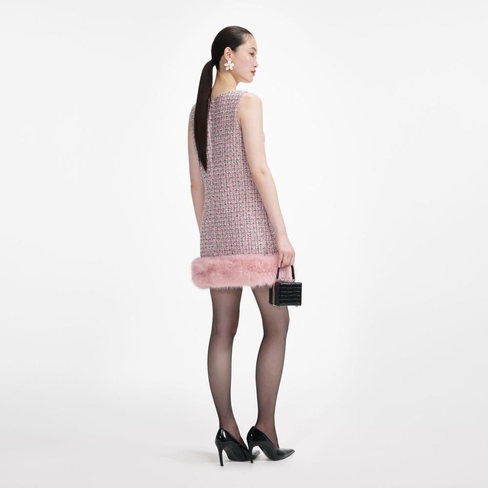 SP VIP PRICE Pink Boucle Fur Hem Mini Dress
