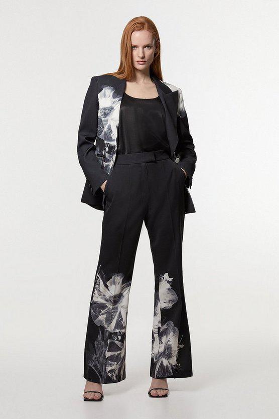 Karen Millen UK SALE Tailored Crepe Placed Floral Wide Leg Trouser - mono