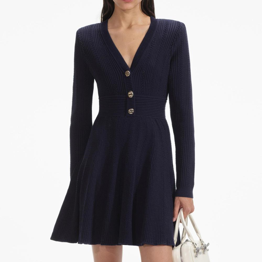 SELF PORTRAIT SS24 Navy Pointelle Knit Mini Dress