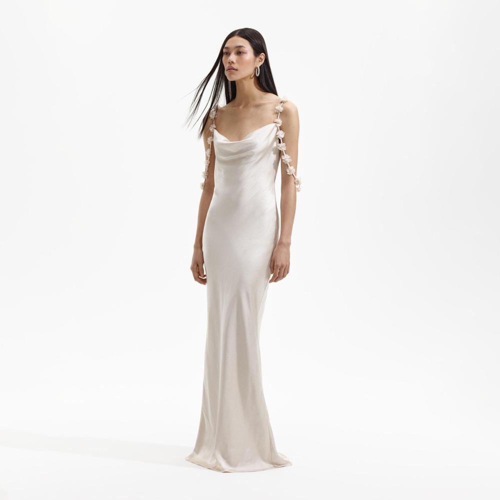 SP VIP PRICE Champagne Satin Flower Maxi Dress