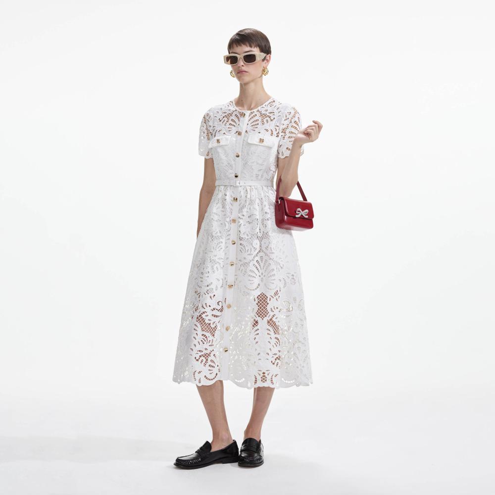 SELF PORTRAIT SS24 White Cotton Lace Button Midi Dress