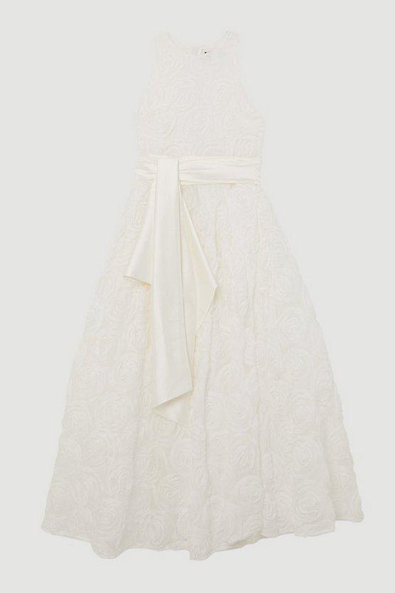 Karen Millen UK SALE Romantic Rosette Texture Woven Prom Midi Dress - ivory