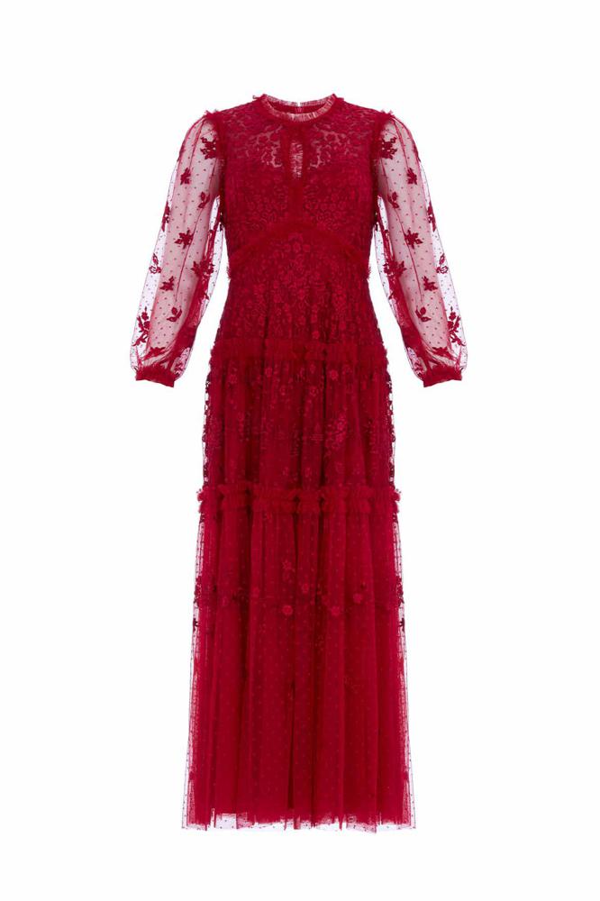 Needle & Thread CYBER SALE Autumn Lace Long Sleeve Ankle Gown - red