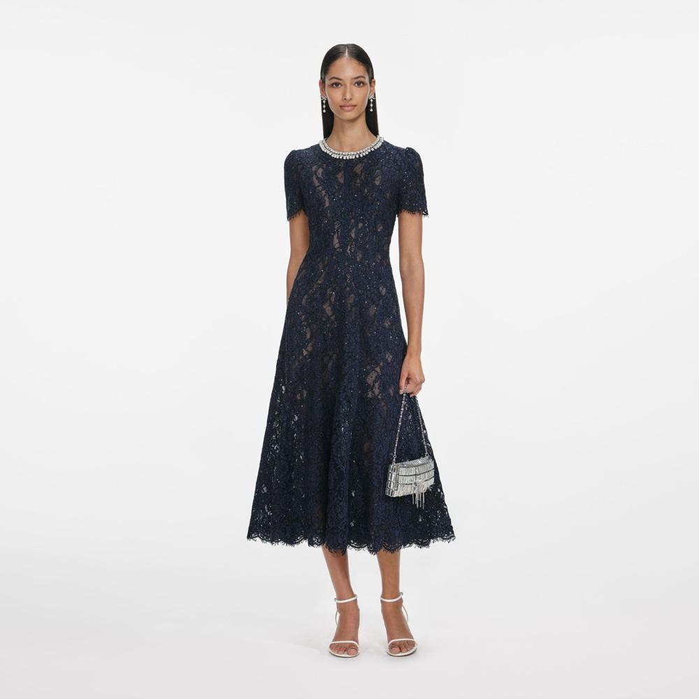 SP VIP PRICE Navy Lace Embellished Midi Dress