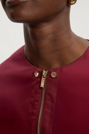 Karen Millen UK SALE Cotton & Faux Leather Tab Utility Midi Dress - burgundy