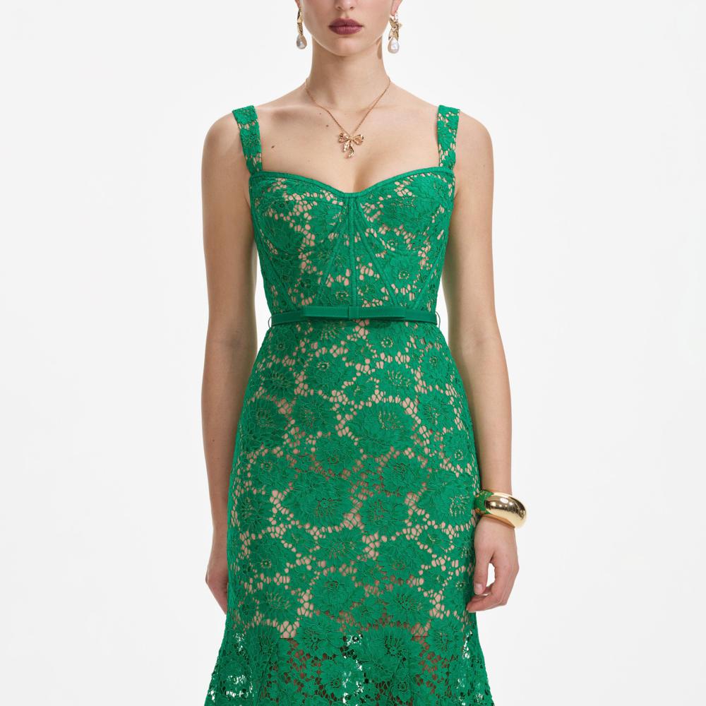 SELF PORTRAIT SS25 VIP PRICE Green Fine Lace Midi Dress