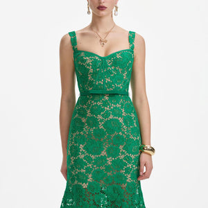 SELF PORTRAIT SS25 VIP PRICE Green Fine Lace Midi Dress