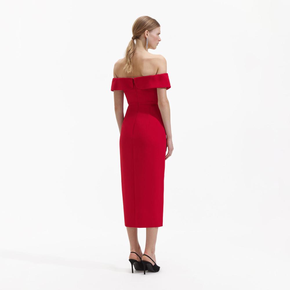 SELF PORTRAIT BLACK FRIDAY SALE Red Crepe Off Shoulder Bow Midi Dress