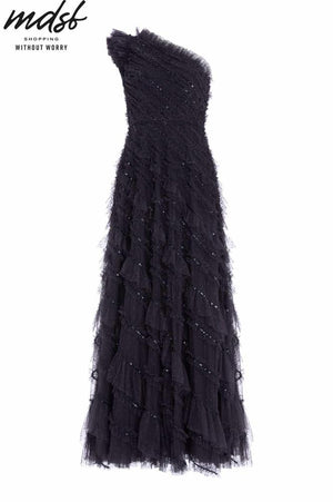 Needle & Thread CHRISTMAS SALE Spiral Sequin One-Shoulder Ankle Gown - black