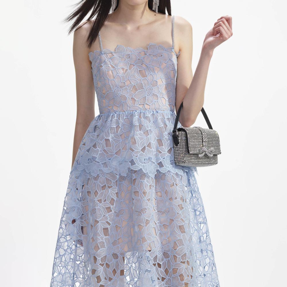 SELF PORTRAIT SS24 Blue Organza Lace Midi Dress