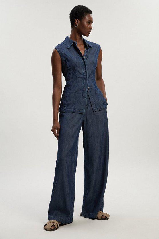 Karen Millen UK SALE Chambray Stretch Denim Wide Leg Trouser - dark blue