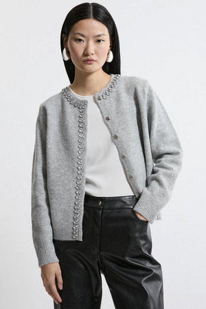 Karen Millen UK SALE Embellished Trim Cosy Knit Cardigan - grey