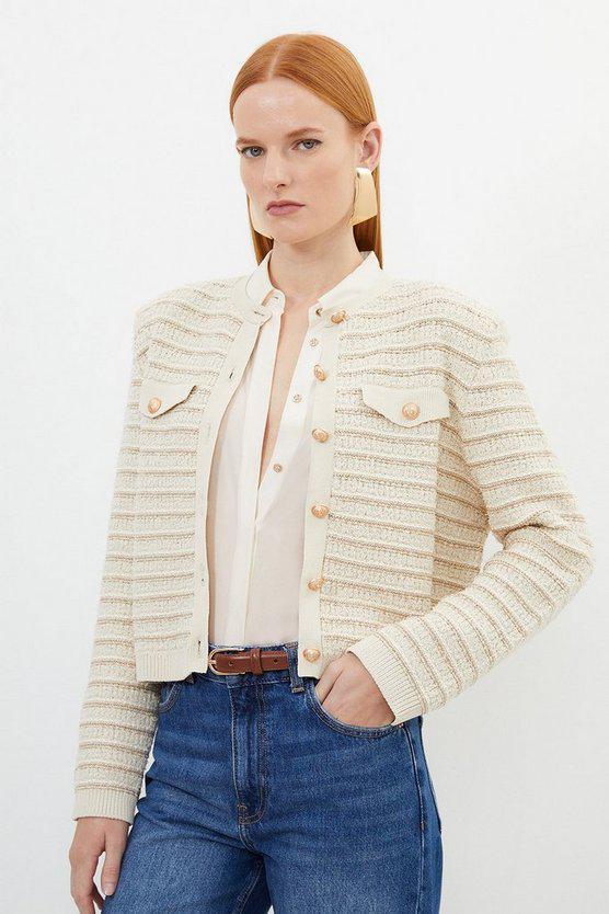 Karen Millen UK SALE Textured Military Trim Knit Jacket - natural