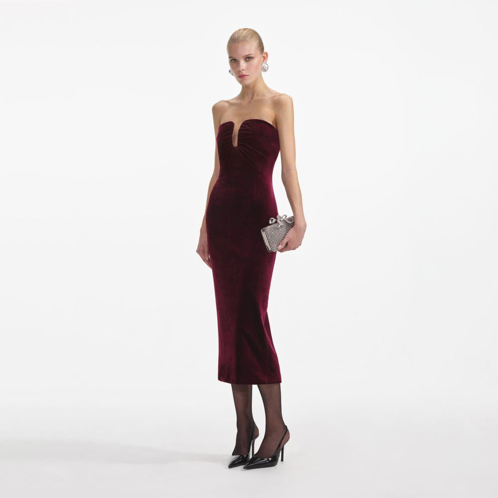 SELF PORTRAIT VIP SS24 Burgundy Velvet Midi Dress