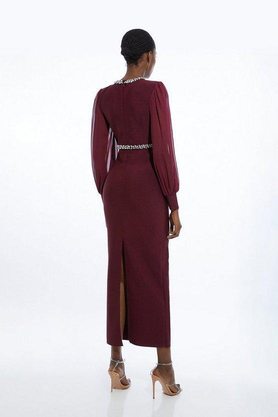 Karen Millen UK SALE Embellished And Chiffon Sleeve Figure Form Knit Midaxi Dress - burgundy