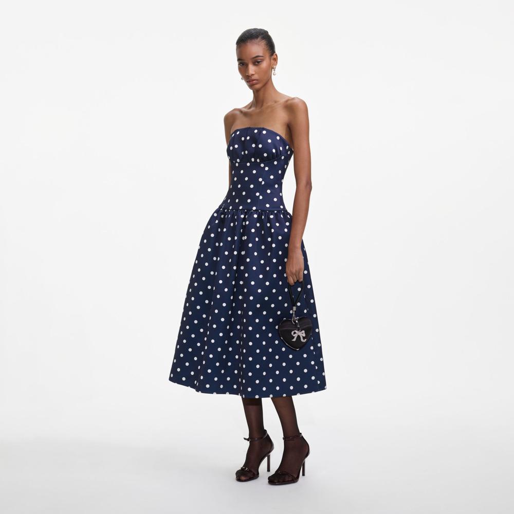 SELF PORTRAIT SS25 VIP PRICE Navy Polka Dot Satin Midi Dress