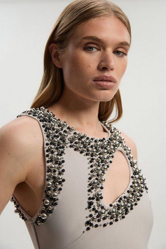 Karen Millen UK SALE Embellished Figure Form Bandage Sleeveless Knit Maxi Dress - pale grey