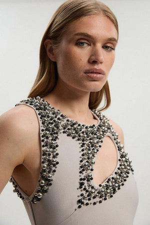 Karen Millen UK SALE Embellished Figure Form Bandage Sleeveless Knit Maxi Dress - pale grey