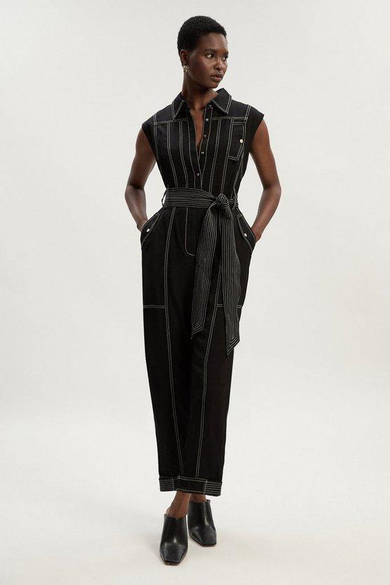 Karen Millen UK SALE Tall Premium Linen Twill Topstitch Woven Jumpsuit