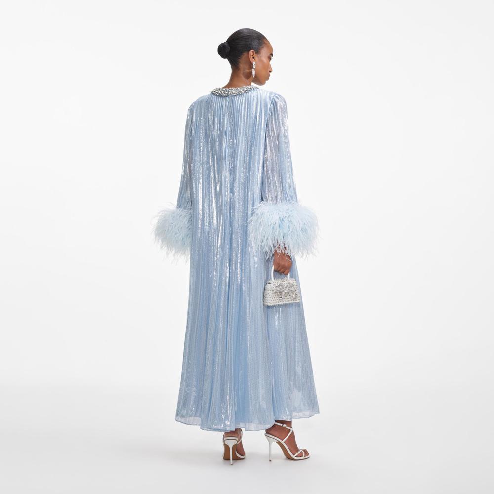 SELF PORTRAIT SS24 Blue Metallic Chiffon Feather Midi Dress