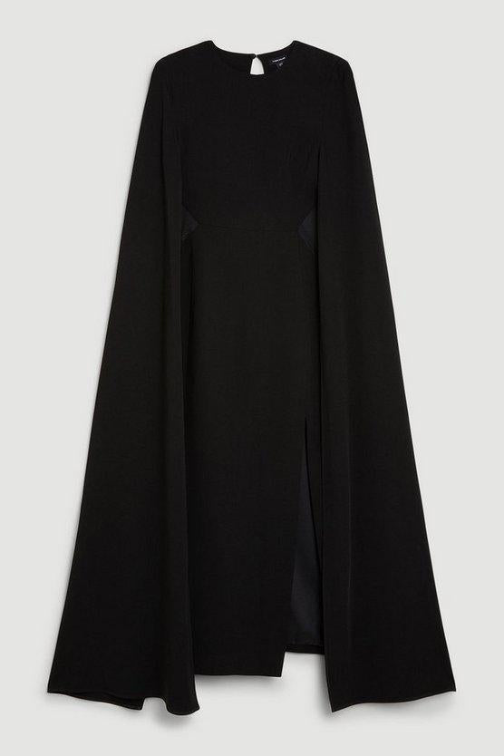 Karen Millen UK SALE Tailored Compact Stretch Viscose Cape Mesh Panel Midi Dress - black