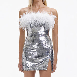 SELF PORTRAIT BLACK FRIDAY SALE Silver Sequin Feather Mini Dress