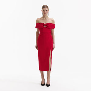 SELF PORTRAIT BLACK FRIDAY SALE Red Crepe Off Shoulder Bow Midi Dress