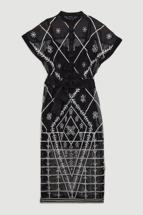 Karen Millen UK SALE Organdie Crystal Embellished Tie Waist Woven Maxi Dress - mono