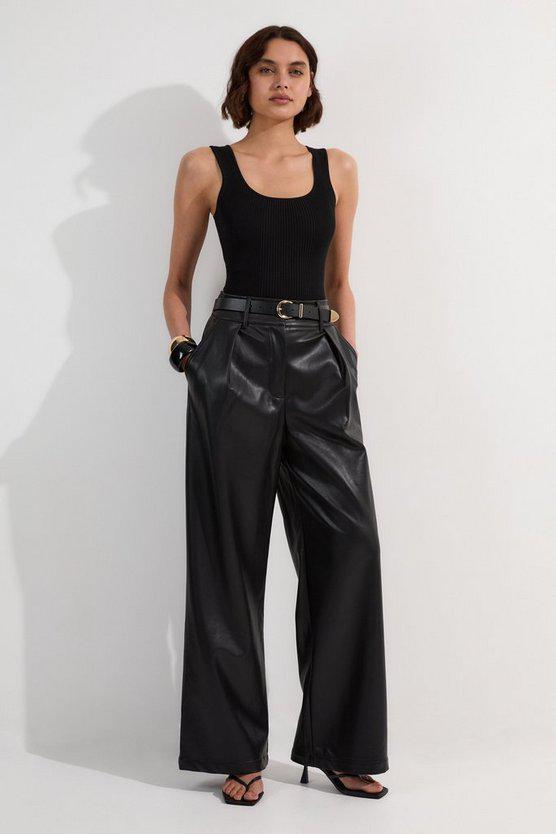 Karen Millen UK SALE Faux Leather High Waisted Wide Leg Trousers - black