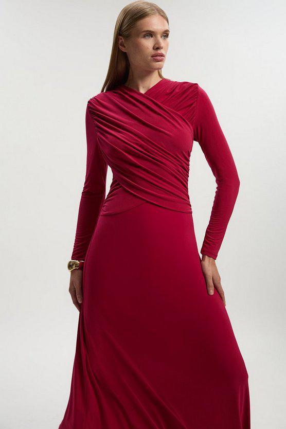 Karen Millen UK SALE Ruched Jersey Crepe Midi Dress - raspberry