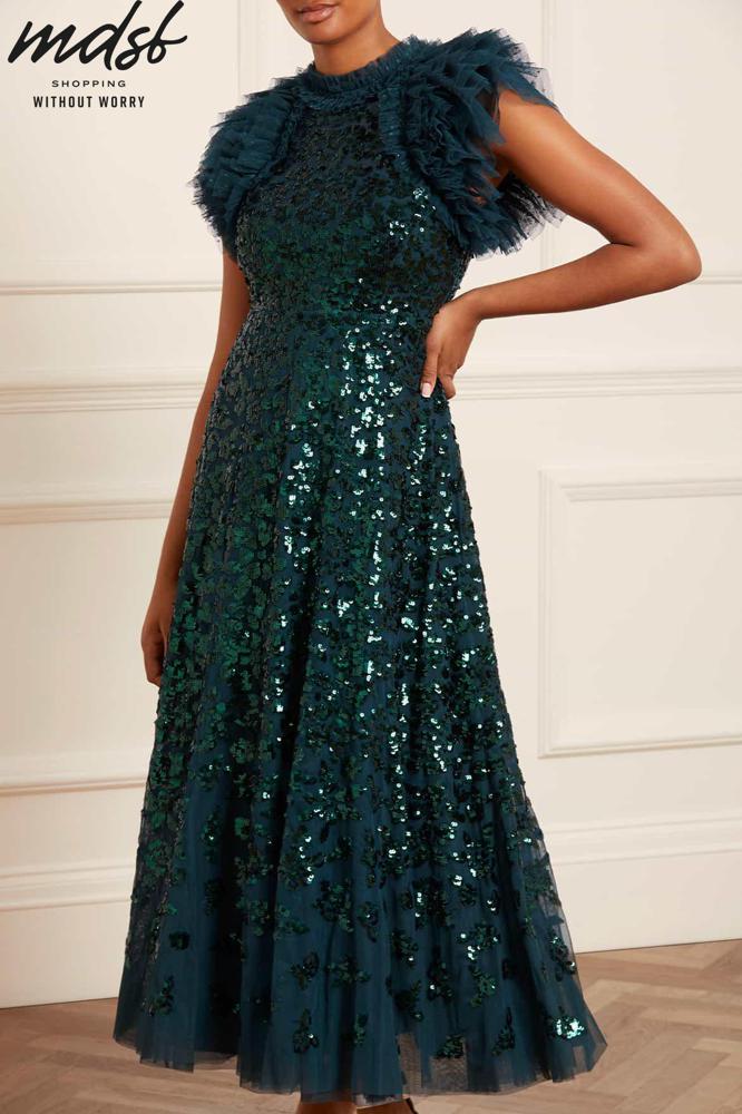 Needle & Thread CHRISTMAS SALE Sequin Rose Ankle Gown - green