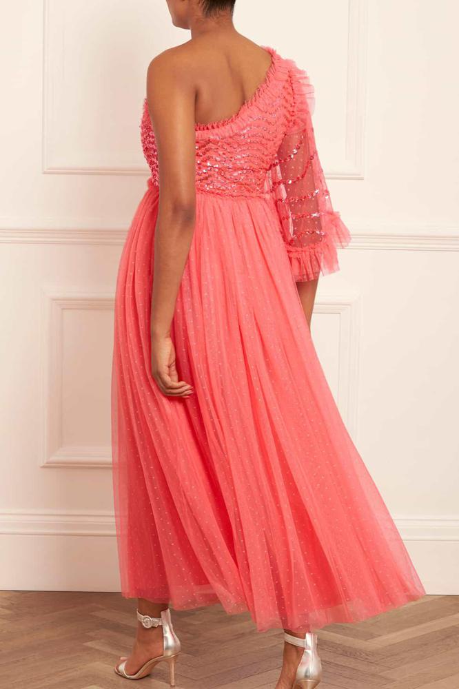 Needle & Thread SPRING/SUMMER Shimmer Wave Bodice One-Shoulder Ankle Gown - pink