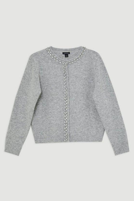 Karen Millen UK SALE Embellished Trim Cosy Knit Cardigan - grey