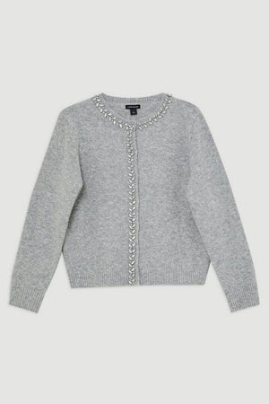 Karen Millen UK SALE Embellished Trim Cosy Knit Cardigan - grey