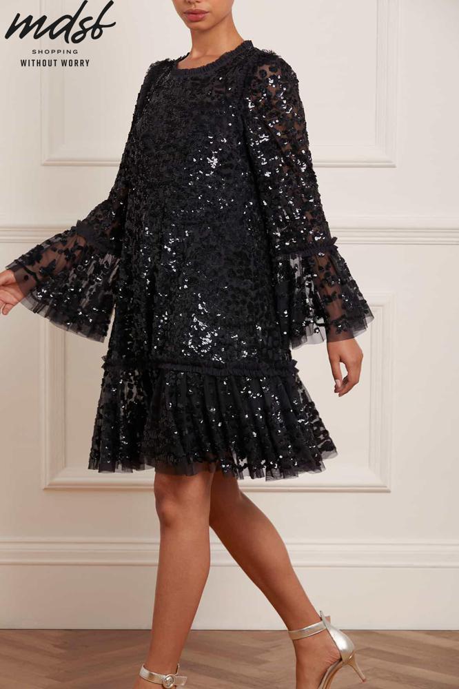 Needle & Thread CHRISTMAS SALE Annie Sequin Tiered Mini Dress - black