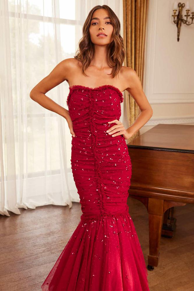 Needle & Thread CYBER SALE Scatter Sequin Strapless Ankle Gown - red